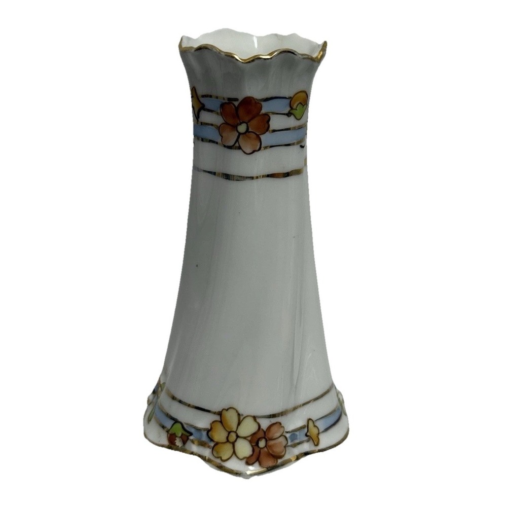 Vintage Porcelain Bud Vase Floral Gold Trim Scalloped Rim 4.5" Vanity Vase